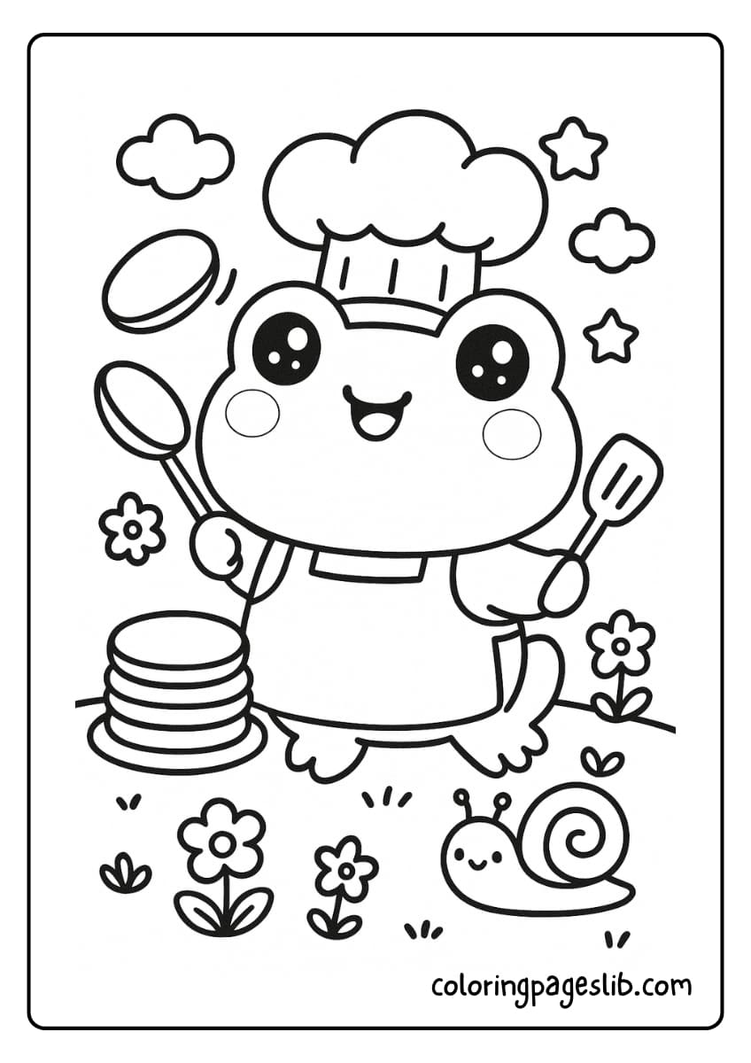 Frog dressed as a chef flipping pancakes