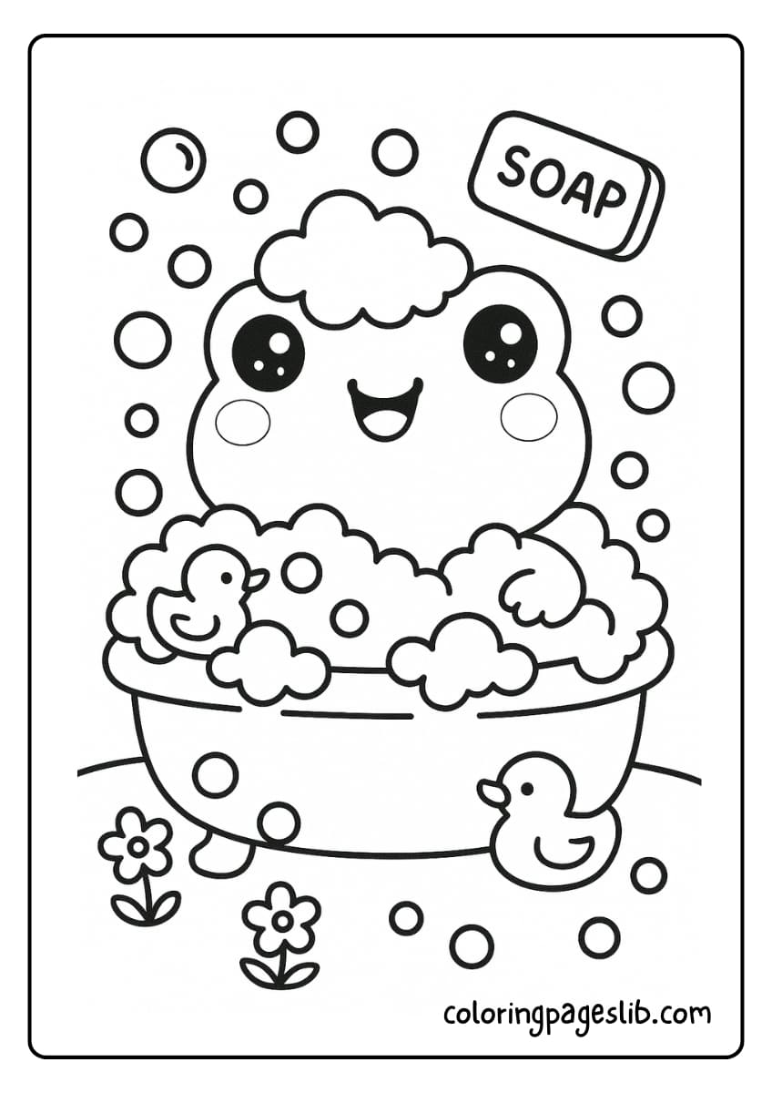 Frog in a bubble bath with duckies and soap bubbles