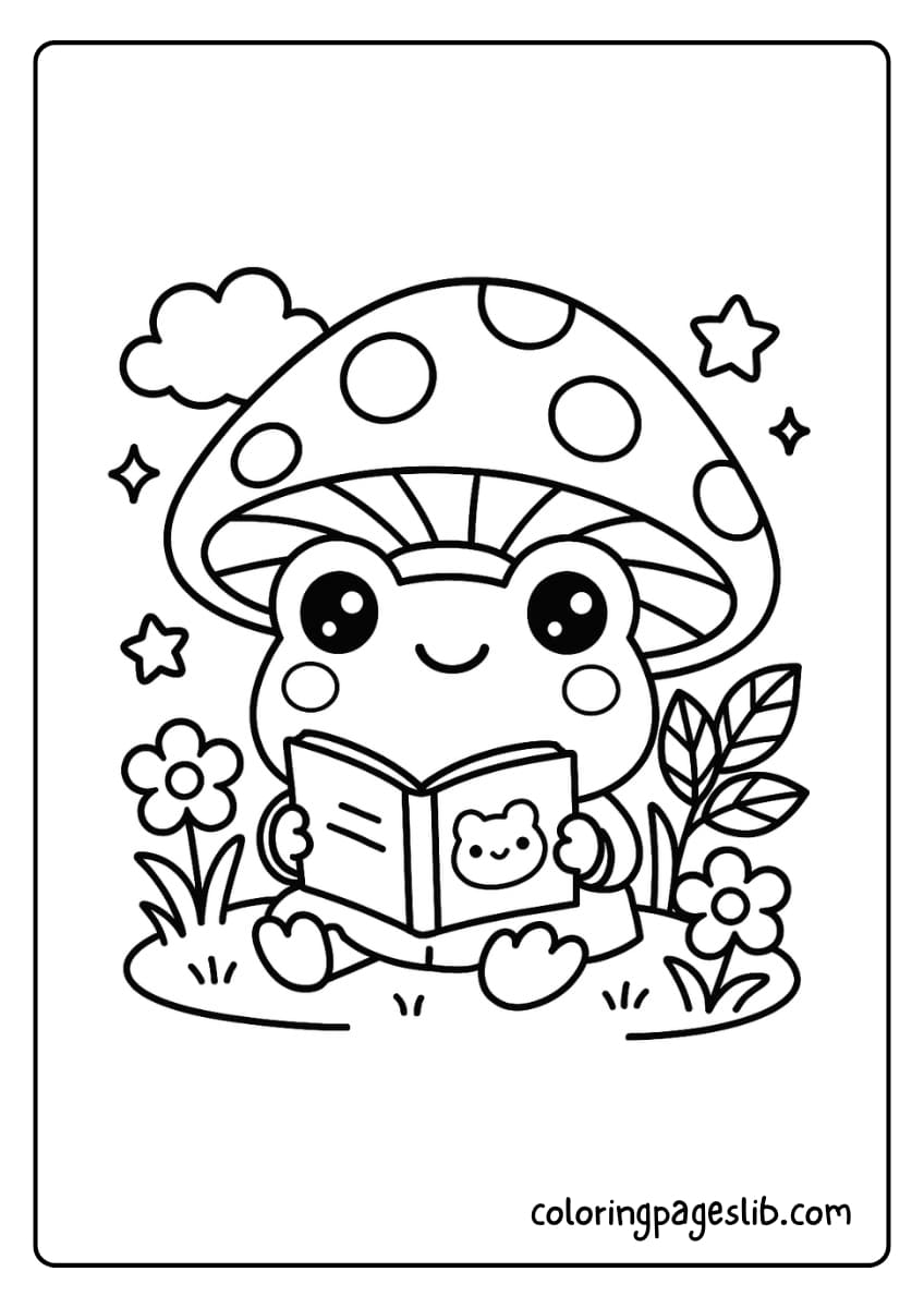 Frog reading a kawaii book under a big mushroom