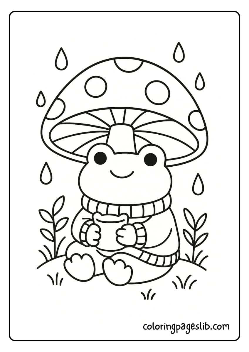 Frog wearing a sweater under a mushroom umbrella