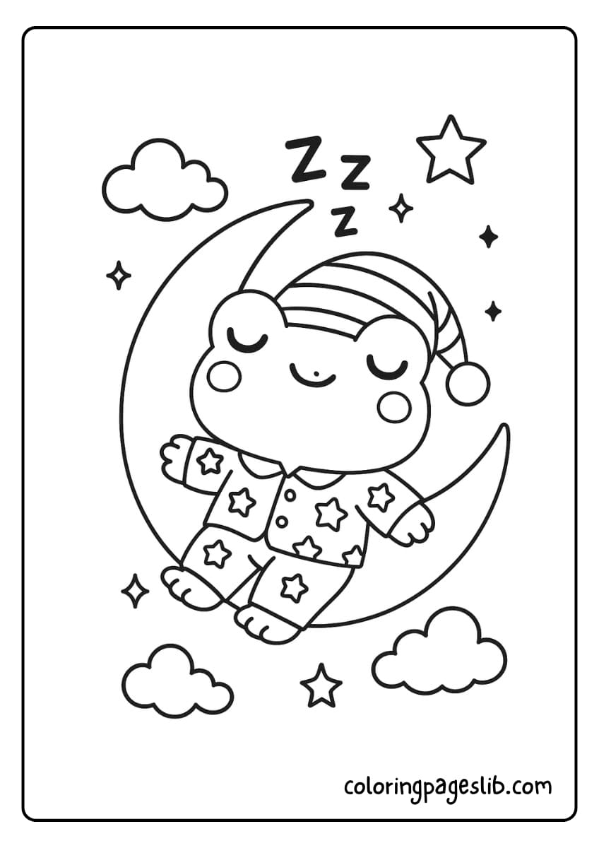 Frog wearing pajamas and sleeping on a crescent moon