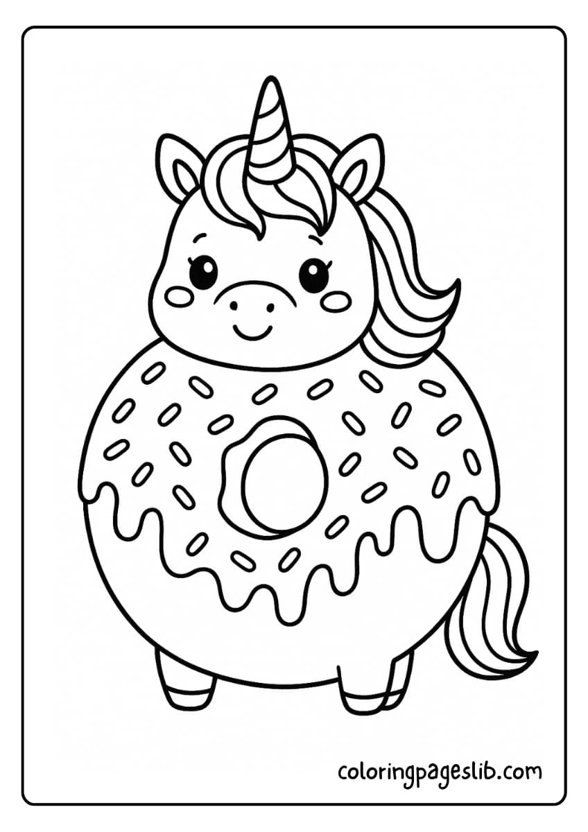 Frosted Delight – Unicorn Donut Coloring Page