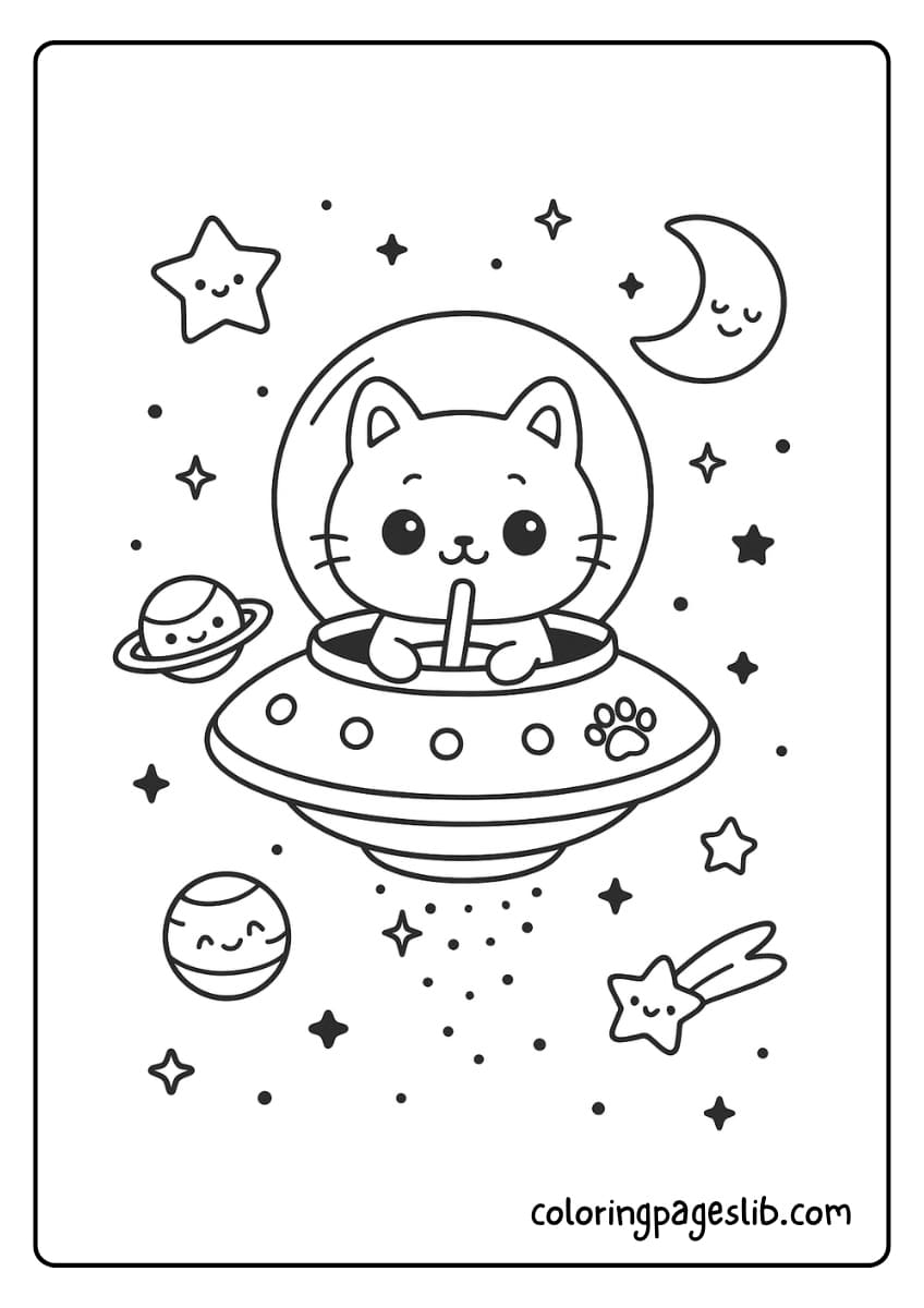 Galactic Whiskers – Kawaii UFO Alien Cat and Planets Coloring Sheet