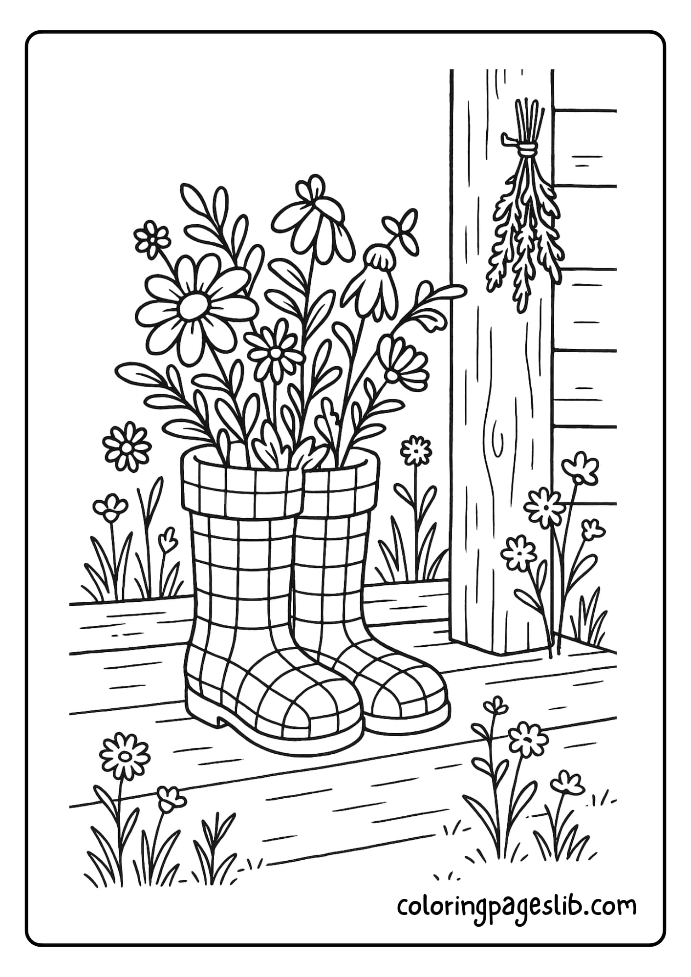 Gingham rainboots with flowers tucked inside, beside a cozy wooden porch