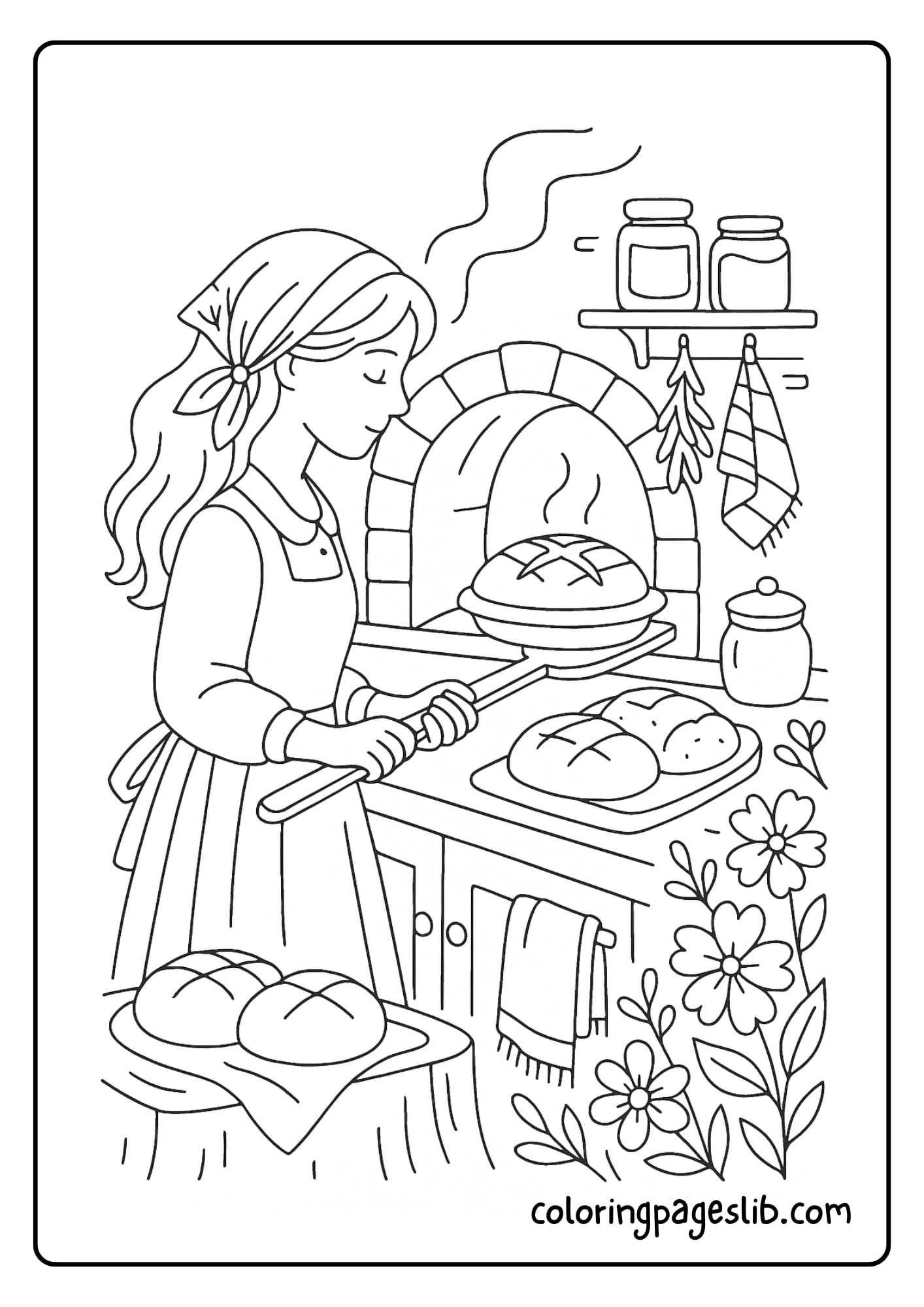 Girl baking bread in a rustic oven with jars and linen