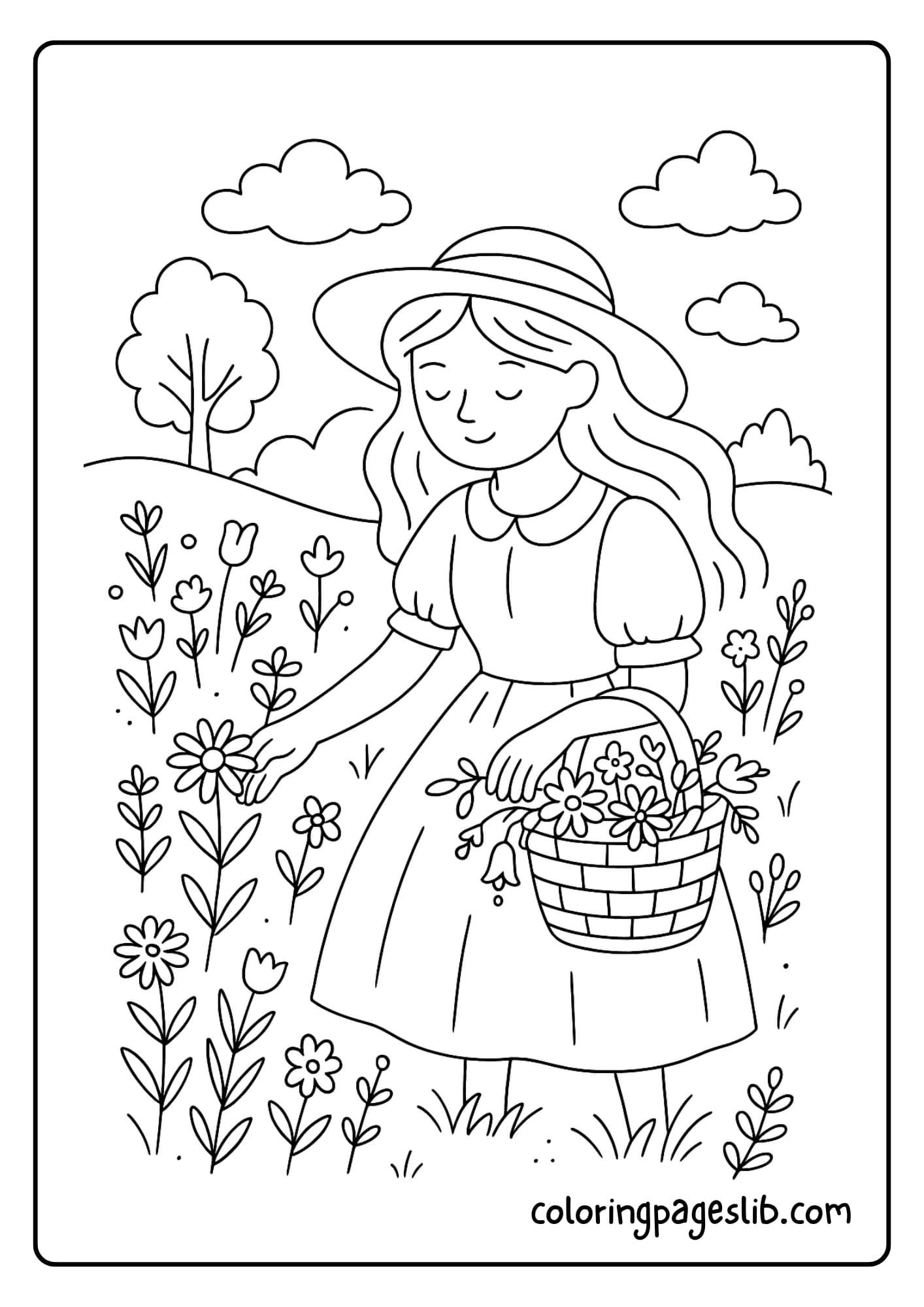 Girl picking wildflowers in a field with a woven basket