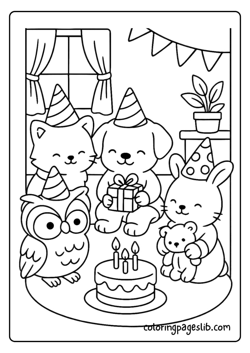 Group of animals celebrating a quiet, cozy birthday indoors