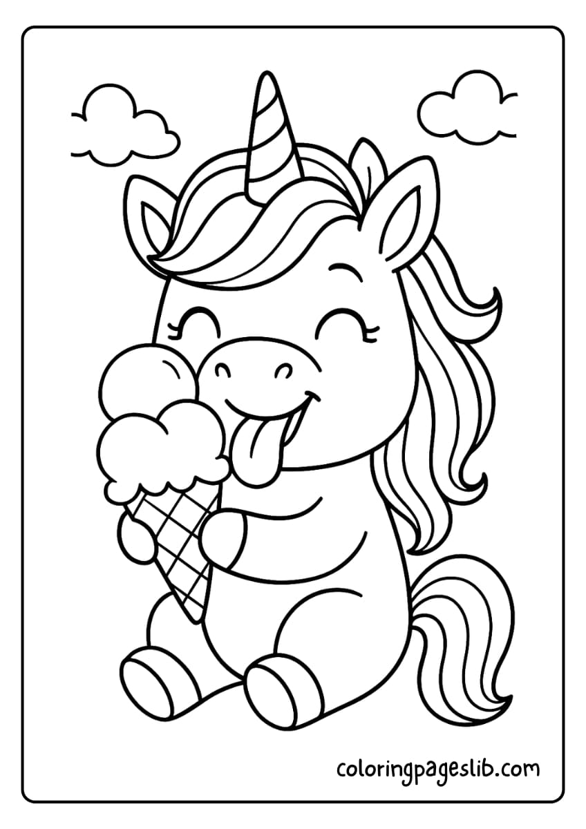 Happy Lick – Unicorn with Ice Cream Coloring Pages