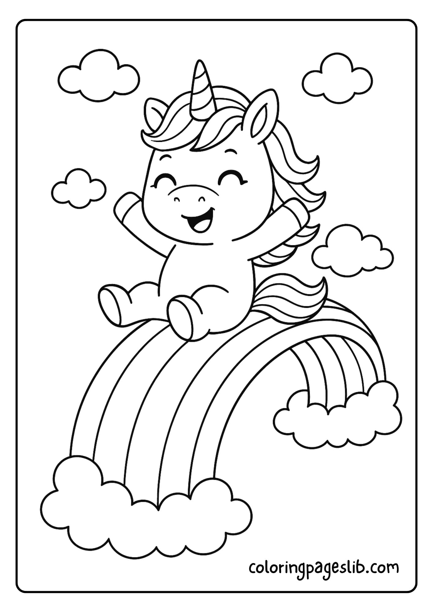 Happy Rainbow Unicorn Coloring Pages – Sliding on a Rainbow Slide