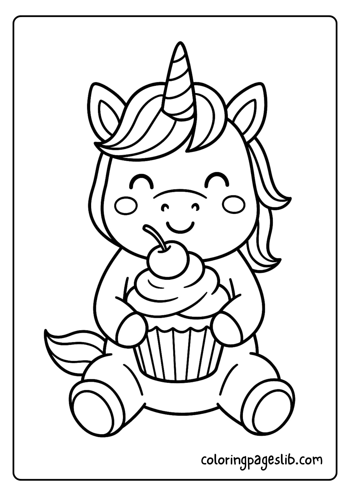 Happy Unicorn Holding a Giant Cupcake – Unicorn with Cupcake Coloring Pages