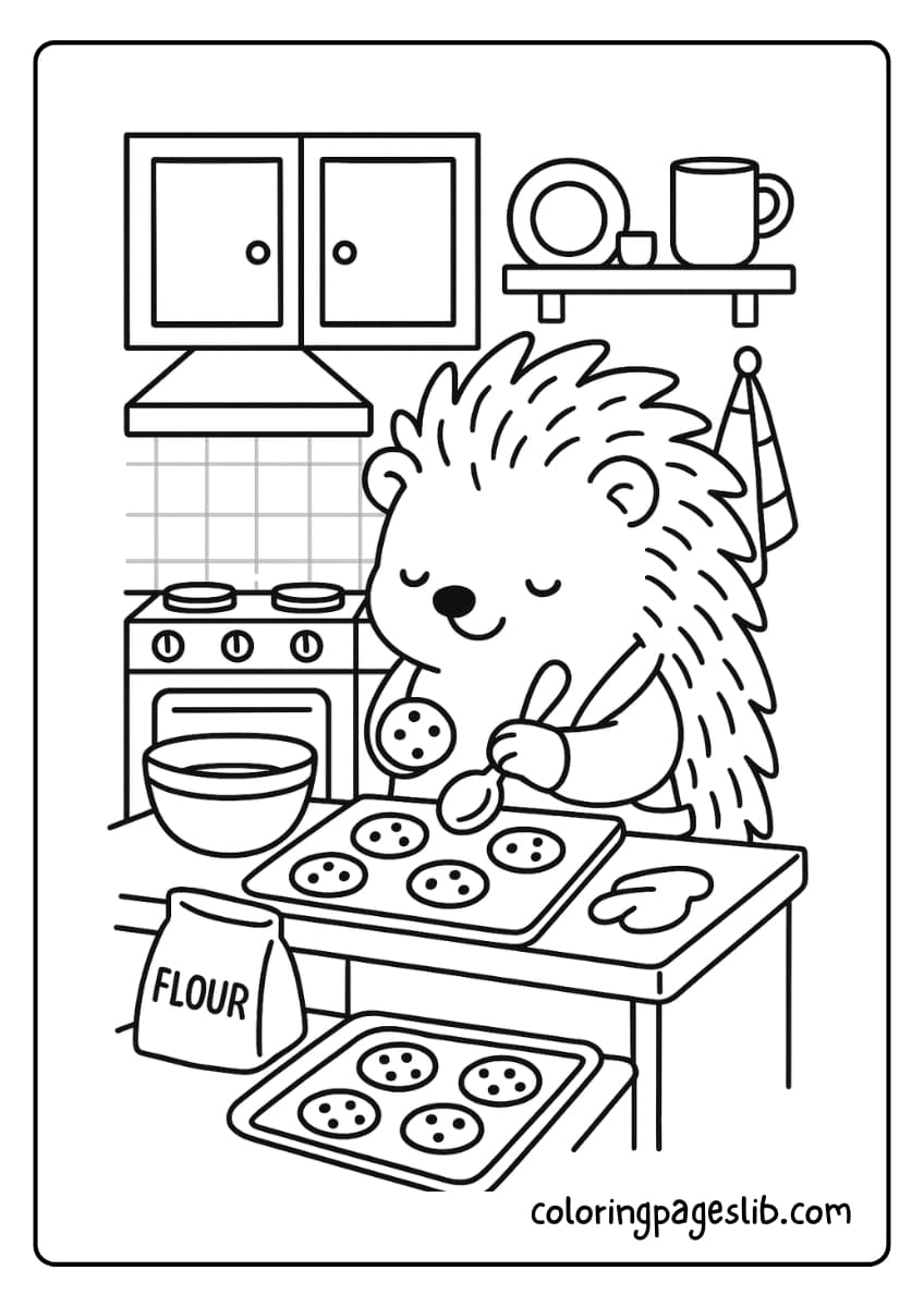 Hedgehog baking cookies in a tiny kitchen