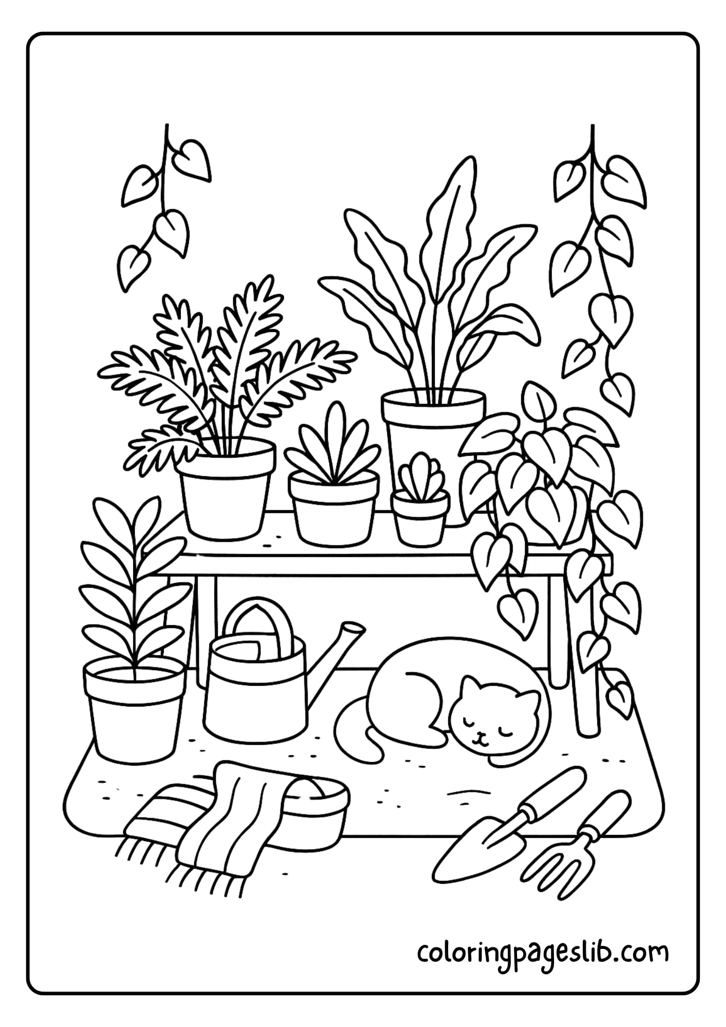 Indoor Plant Sanctuary A low bench full of potted ferns, succulents, and trailing vines, with gardening tools and a watering can at its feet.
