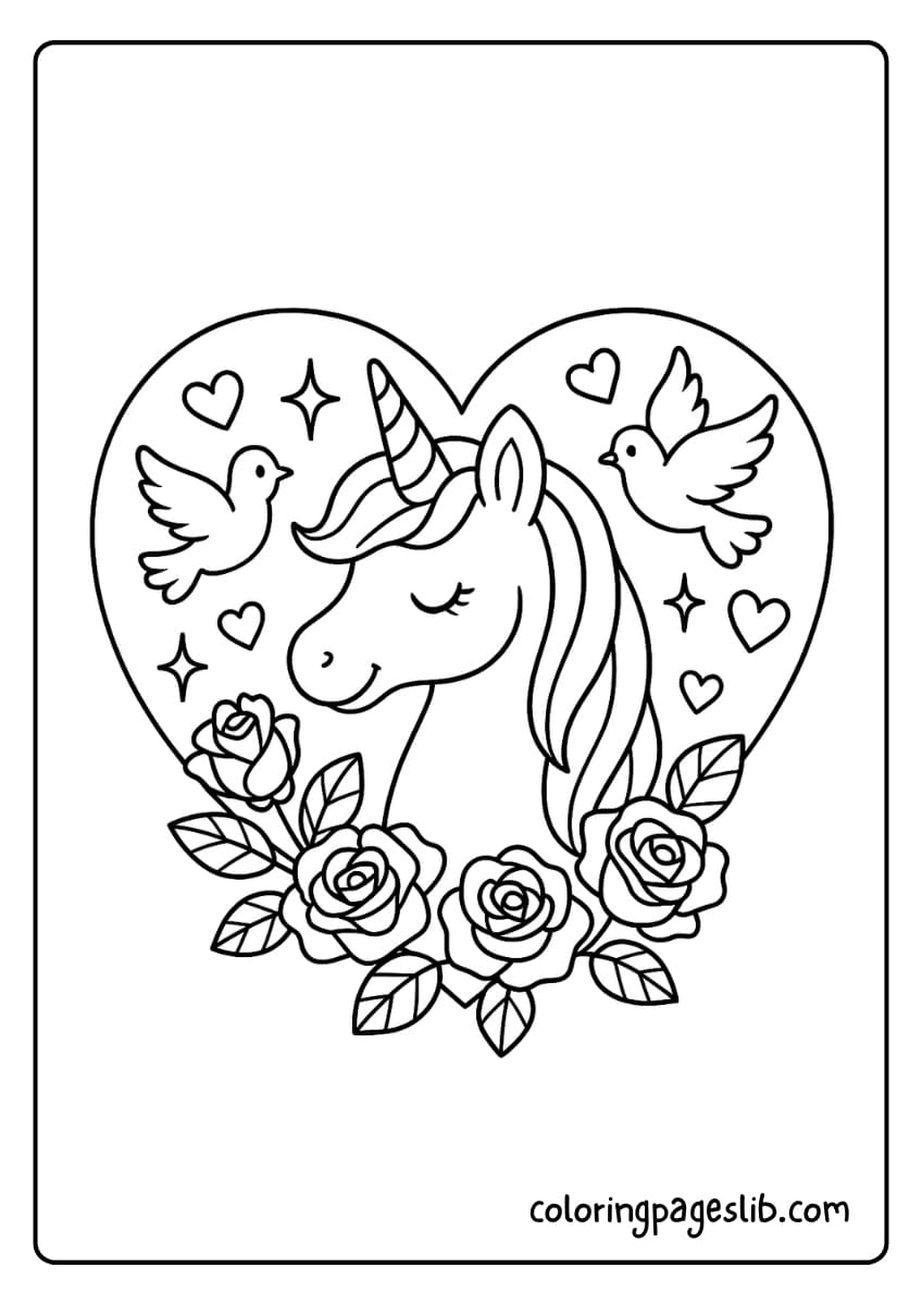 Inside a large heart frame, the unicorn is surrounded by roses, doves, and sparkling hearts