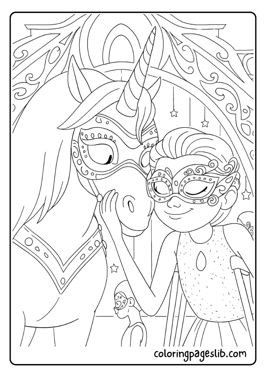 Isabel and her unicorn Luna from Unicorn Academy share a magical masked moment at the academy’s grand ball