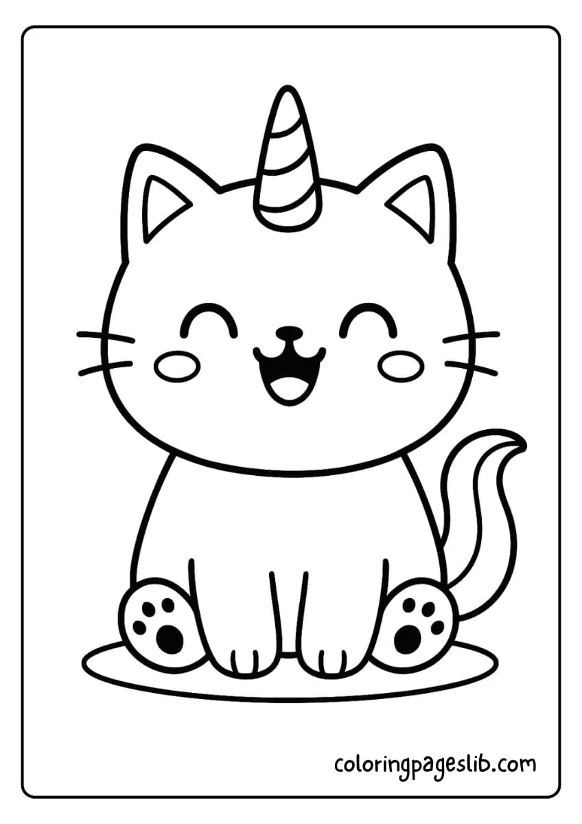 Kawaii Unicorn Cat Coloring Pages_ Sitting with a Sweet Smile