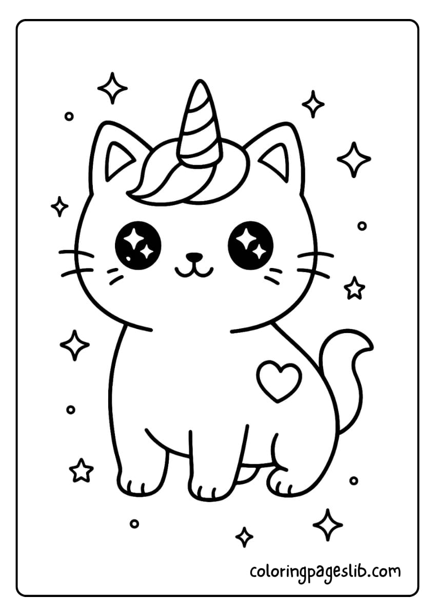 Kawaii Unicorn Cat Coloring Pages_ Standing with Sparkly Eyes