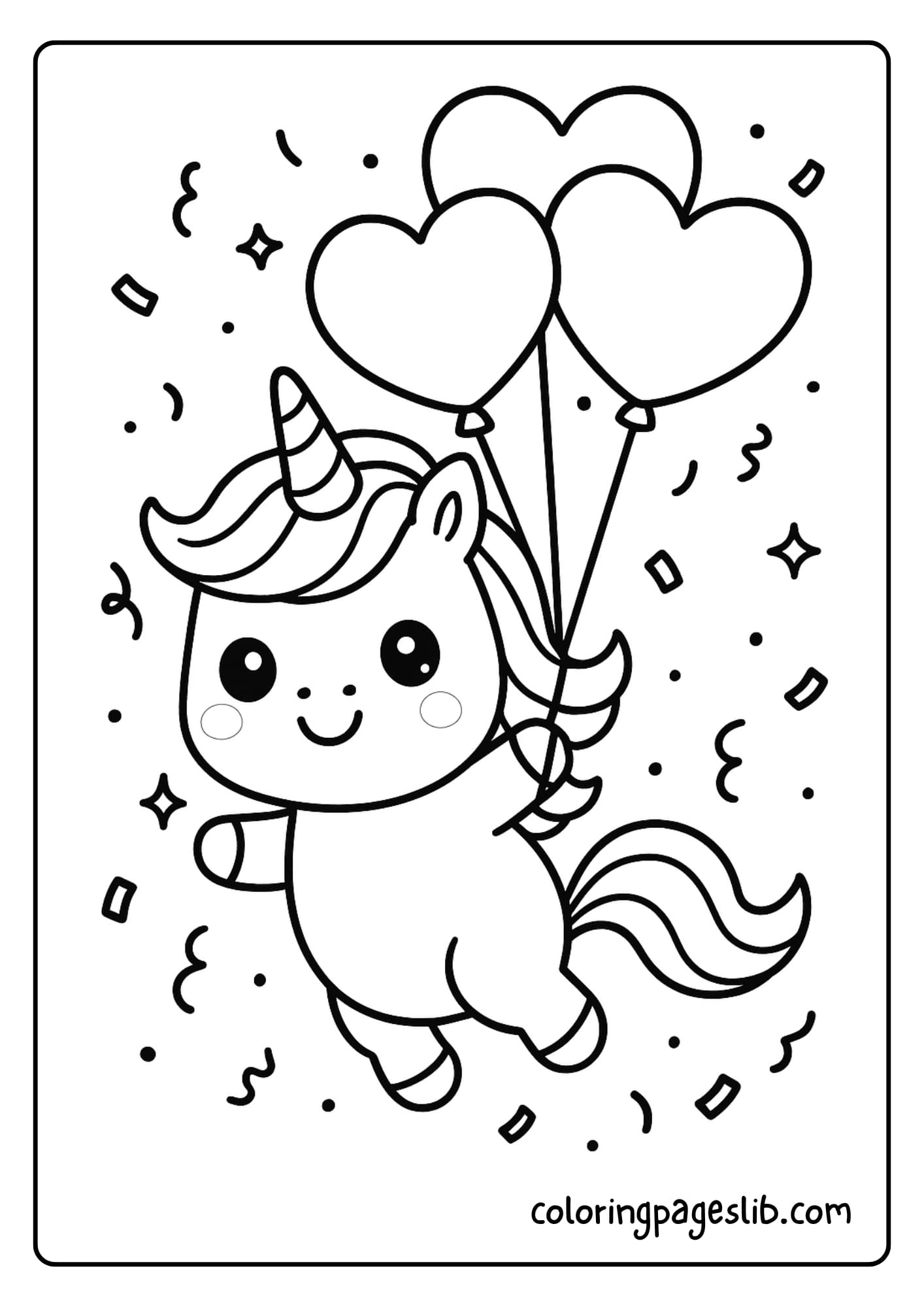 Kawaii Unicorn Coloring Pages with Balloons and Confetti