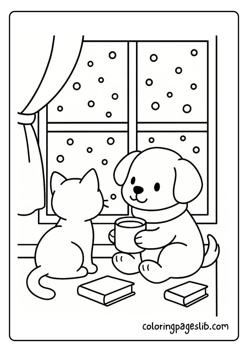 Kitten and puppy watching snow outside