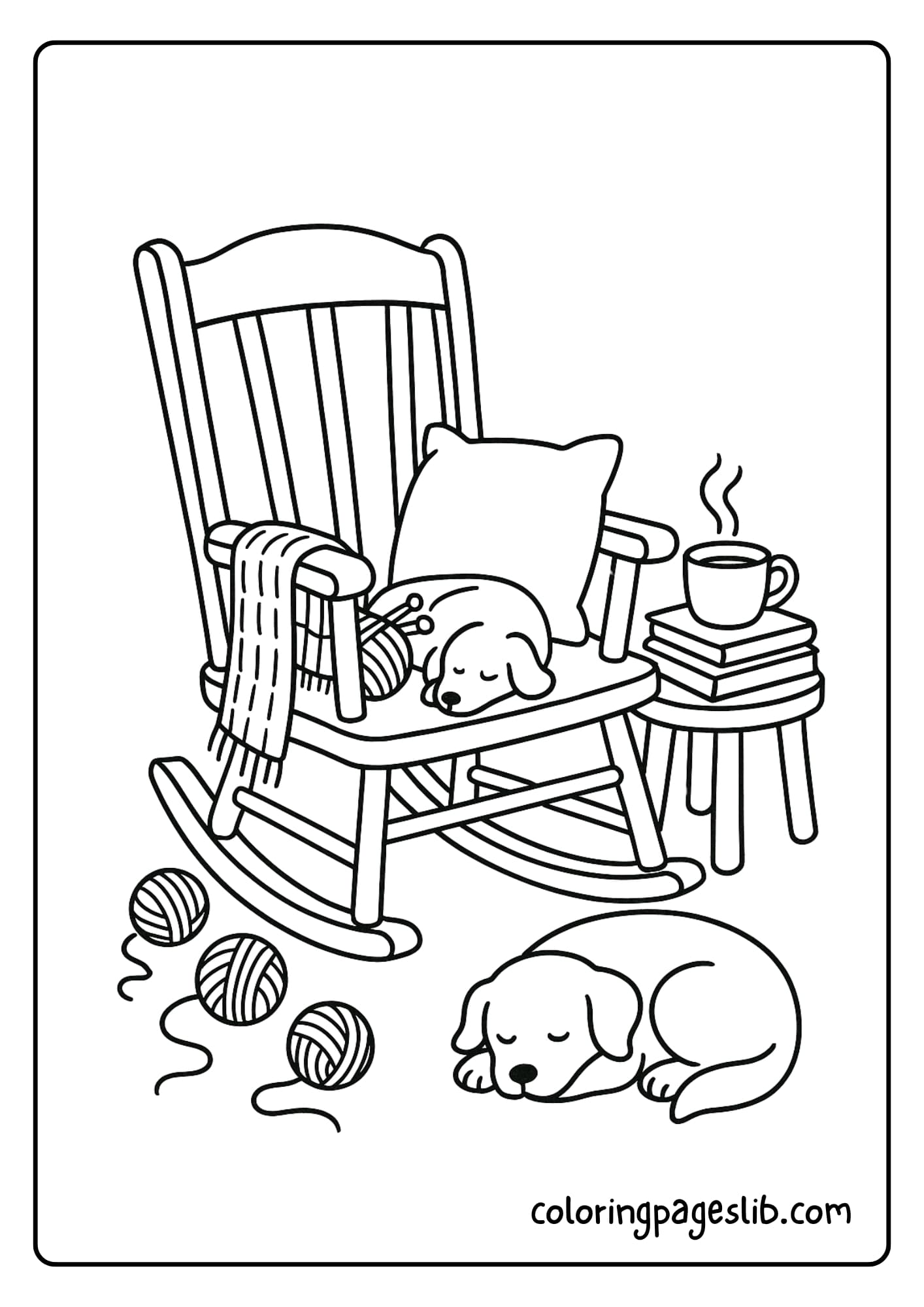 Knit‑and‑Purl Corner A rocking chair with a half‑finished scarf draped over the arm, yarn balls on the floor, and a sleepy dog resting nearby