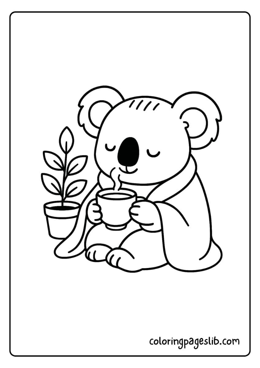Koala drinking tea with a small potted plant nearby