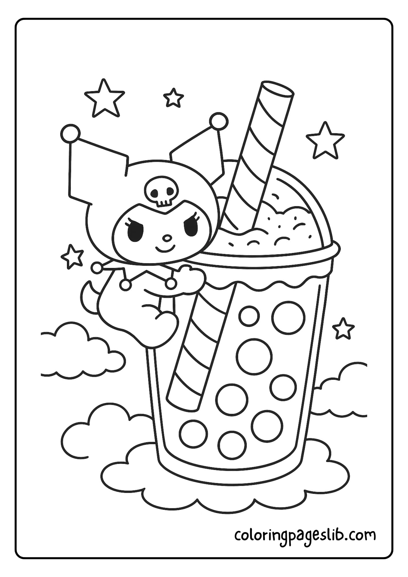 Kuromi with a mischievous smile, hugging a bubble tea cup