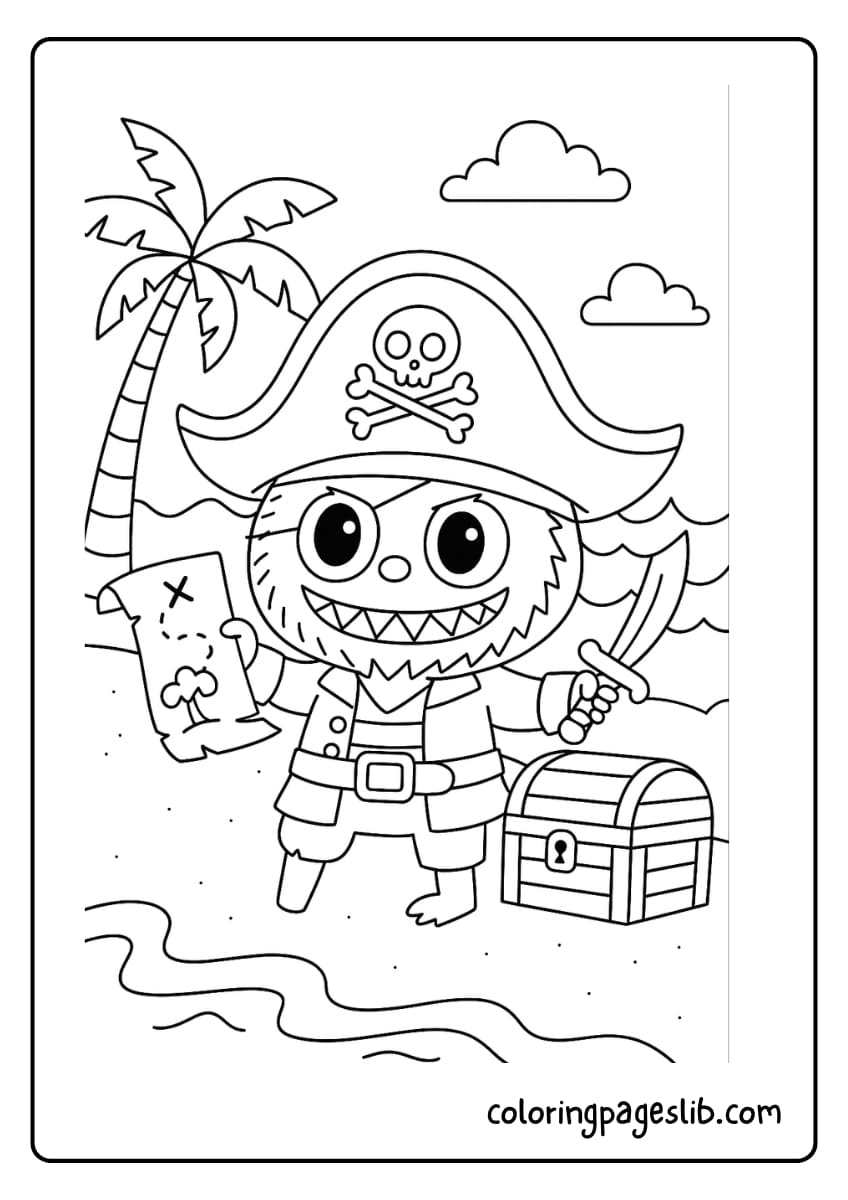 Labubu dressed as a pirate on a treasure hunt