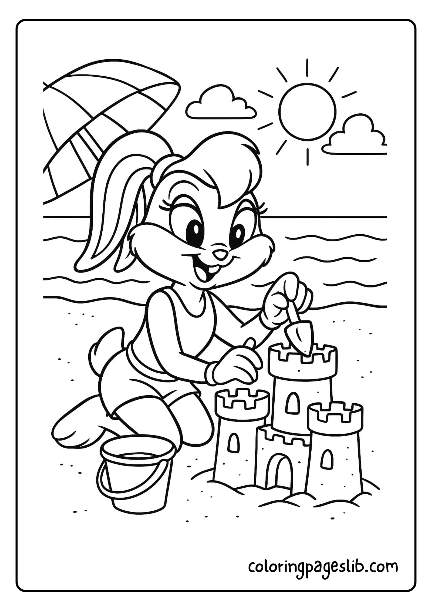 Lola Bunny at the beach building a sandcastle