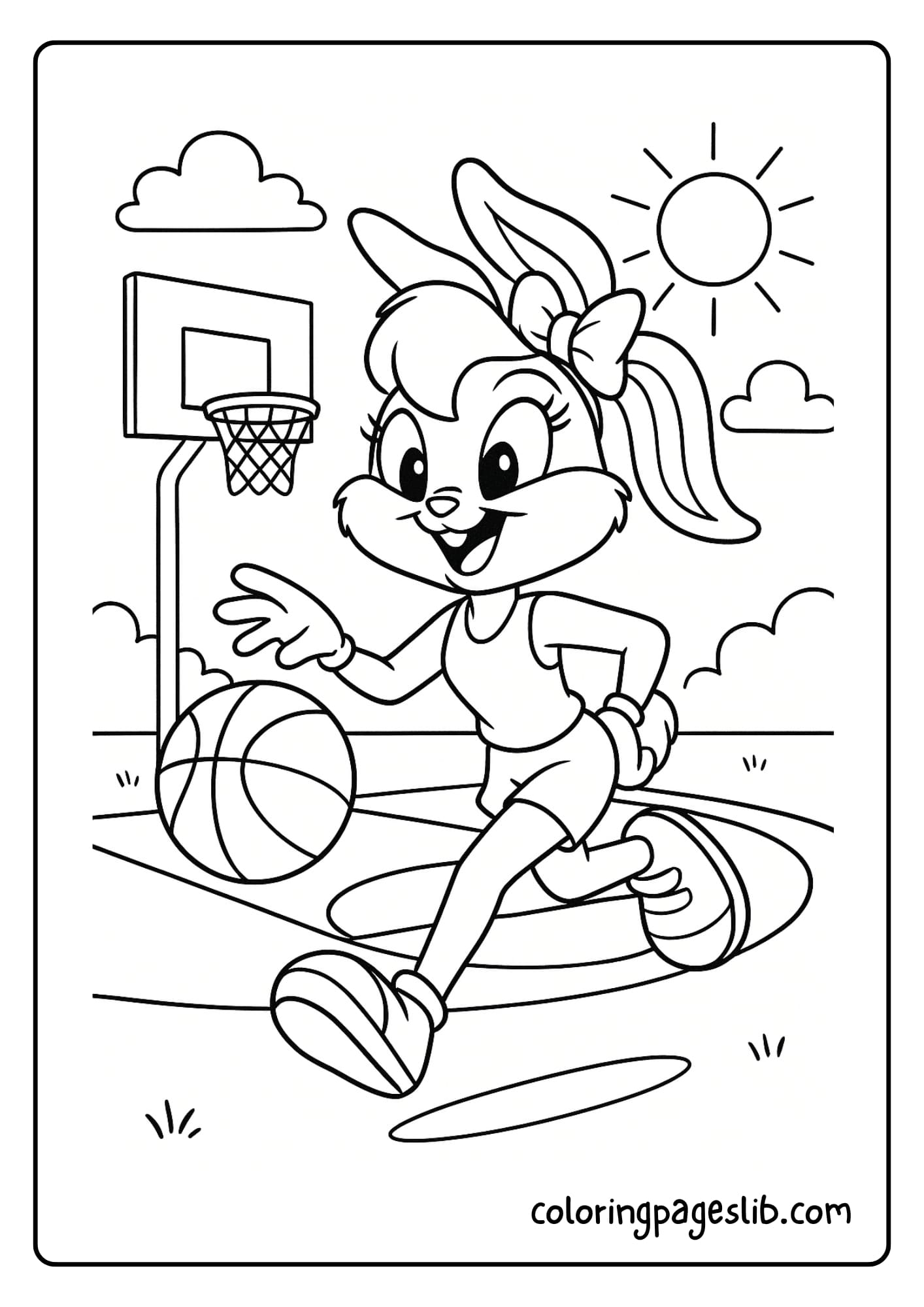 Lola Bunny playing basketball on a sunny court