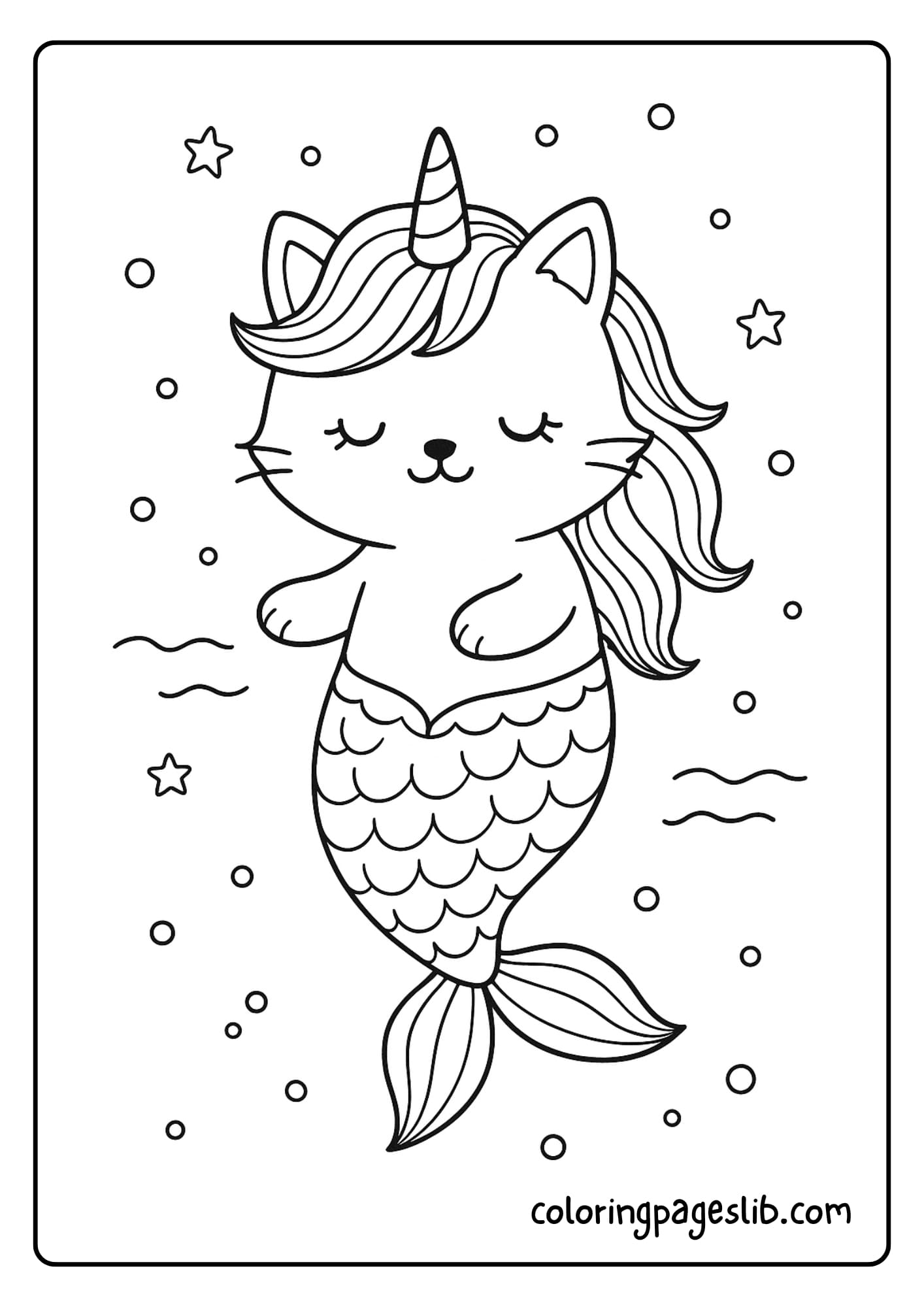 Magical Floating Unicorn Cat Mermaid Coloring Pages
