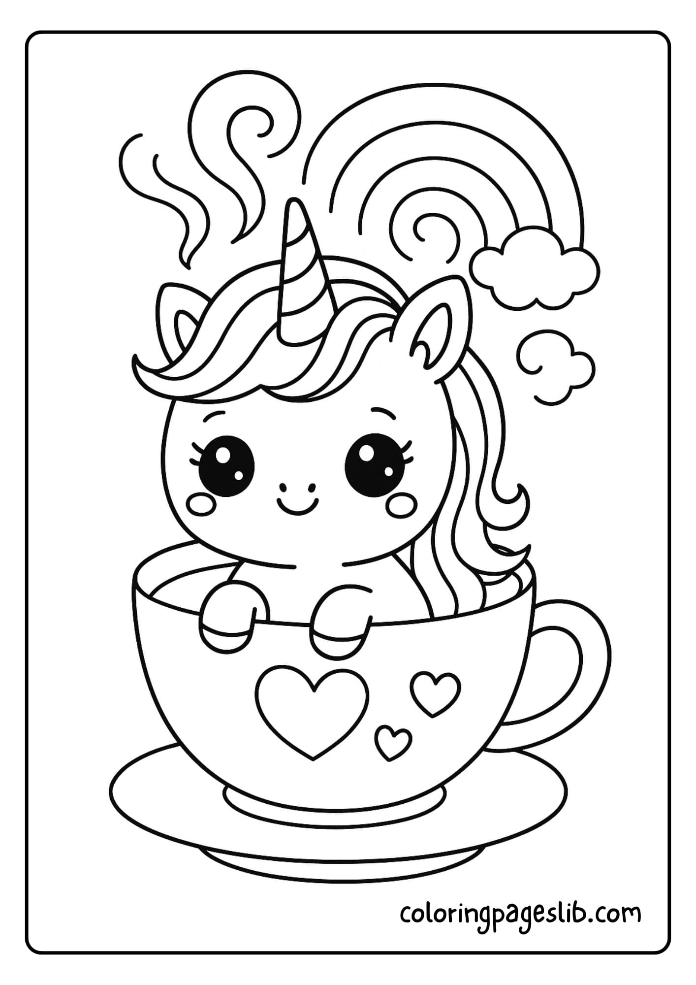 Magical Kawaii Unicorn Coloring Pages – Unicorn in a Teacup