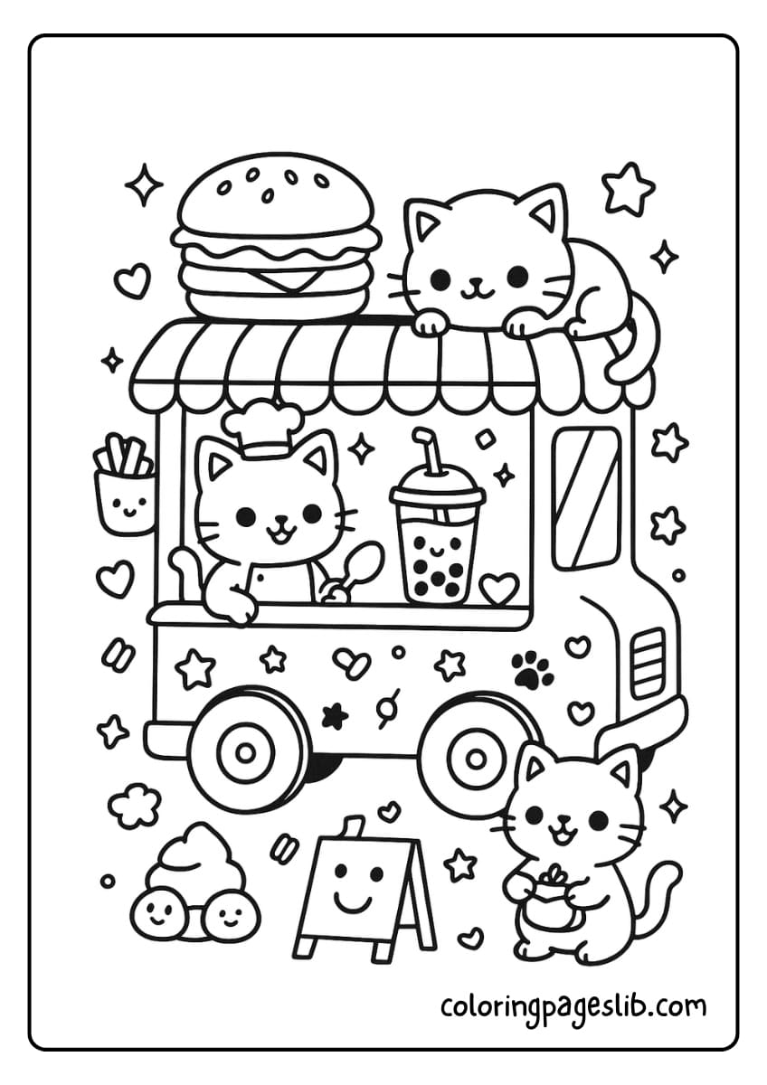 Meow Meals – Kawaii Food Truck with Cats Coloring Page