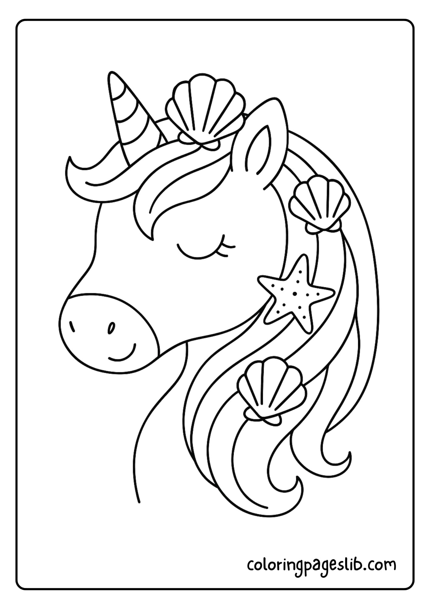 Mermaid-themed unicorn head with seashells and wavy aquatic mane