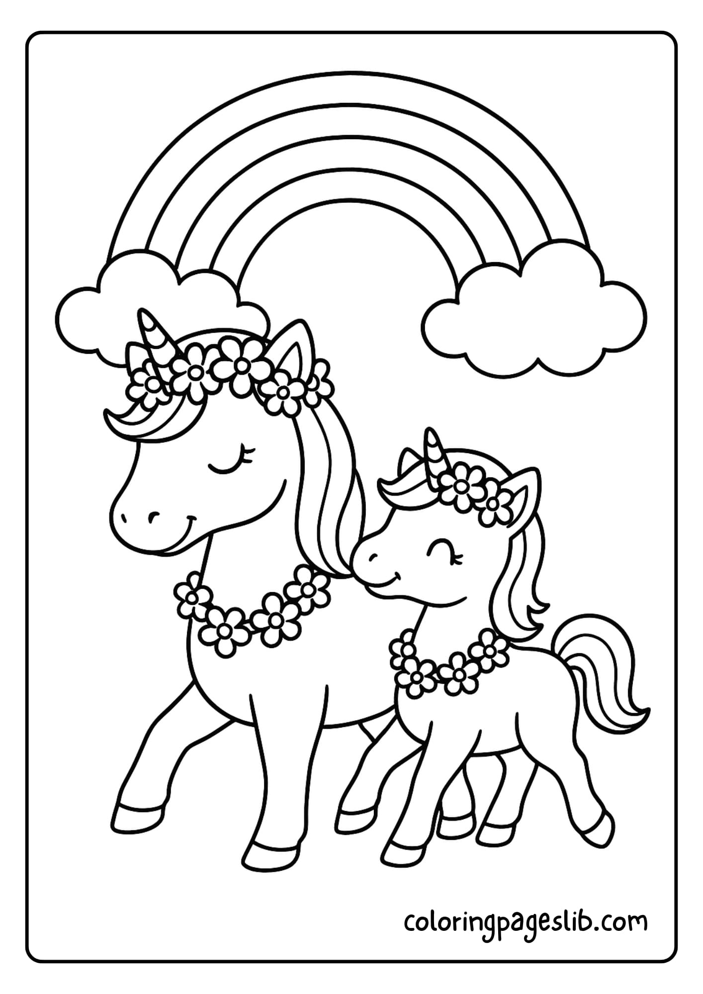 Mommy and Baby Unicorn Coloring Pages in Matching Outfits