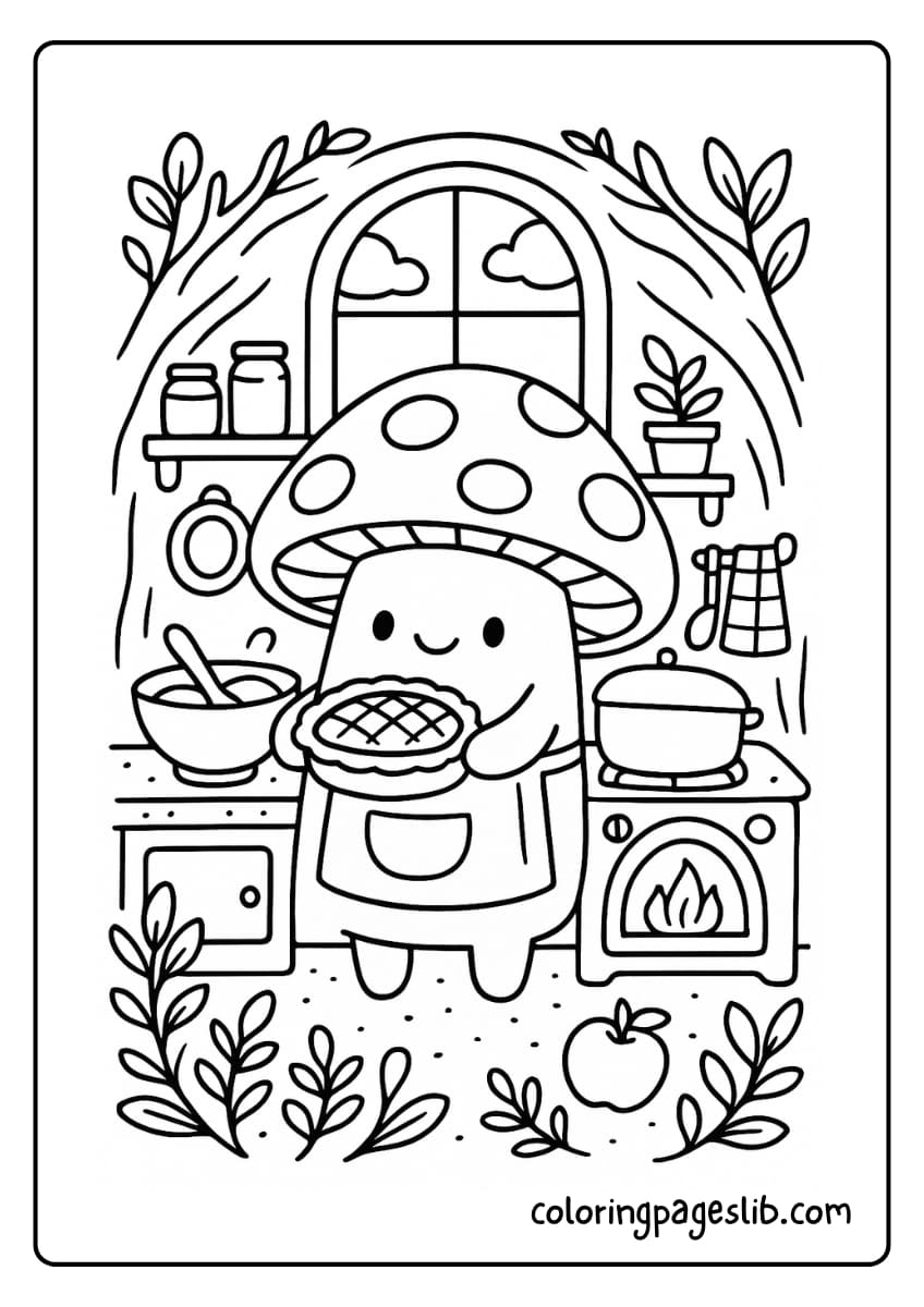Mushroom baking pie in a forest kitchen