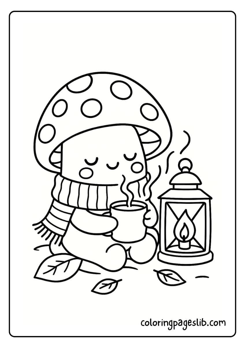 Mushroom drinking hot cocoa beside a lantern