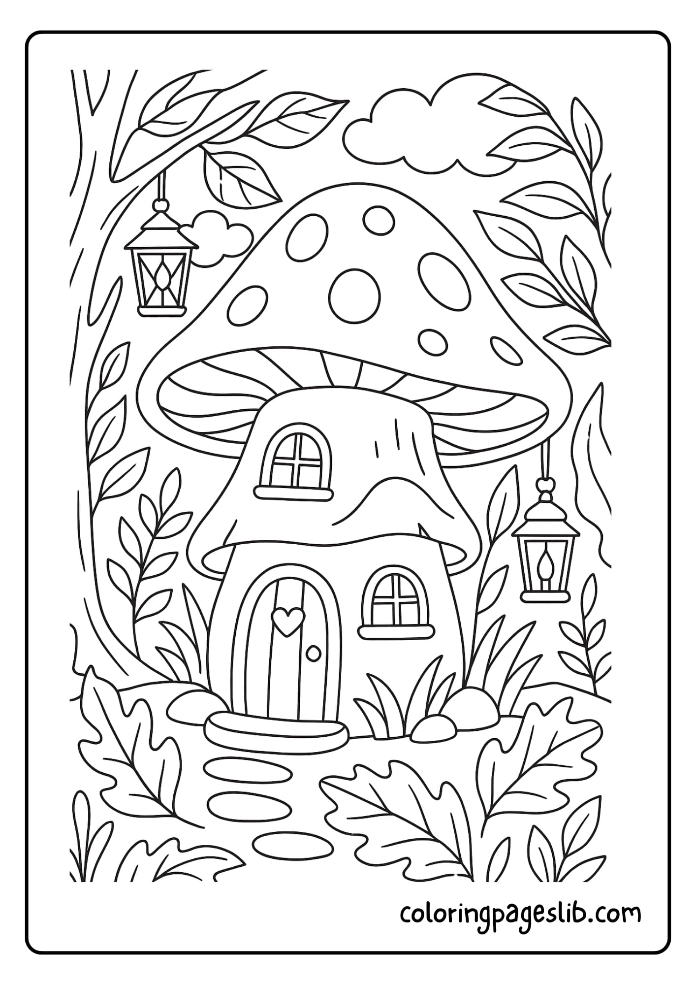 Mushroom house in the forest with lanterns and leaves