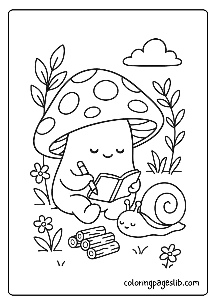 Mushroom journaling beside a sleepy snail