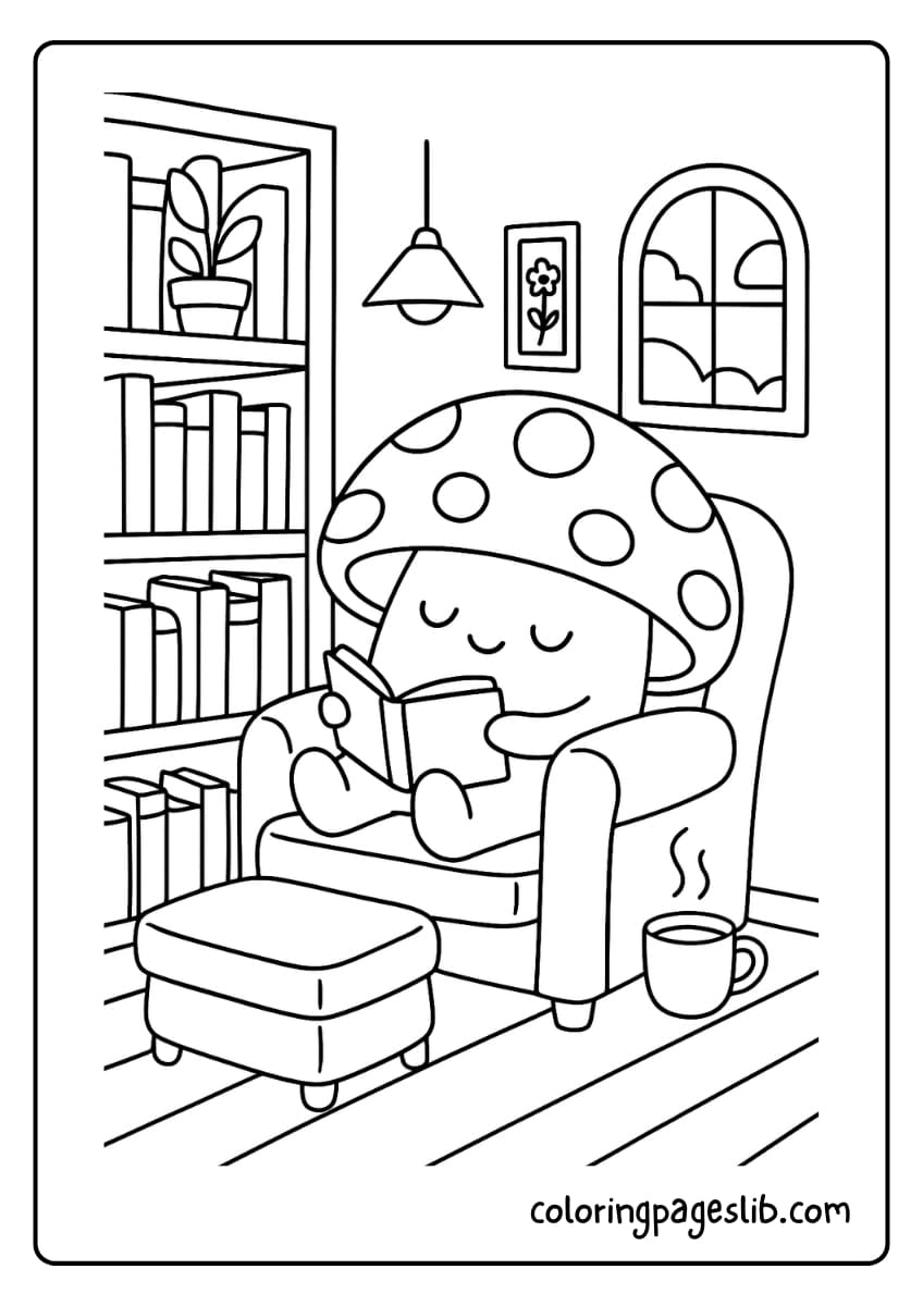 Mushroom relaxing in a cozy library nook
