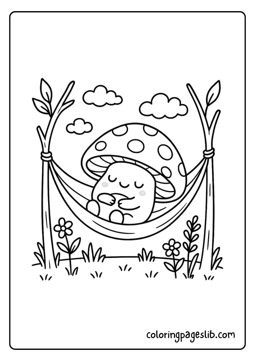 Mushroom resting in a hammock tied between two twigs