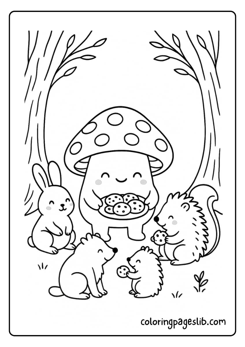 Mushroom sharing cookies with forest animal friends