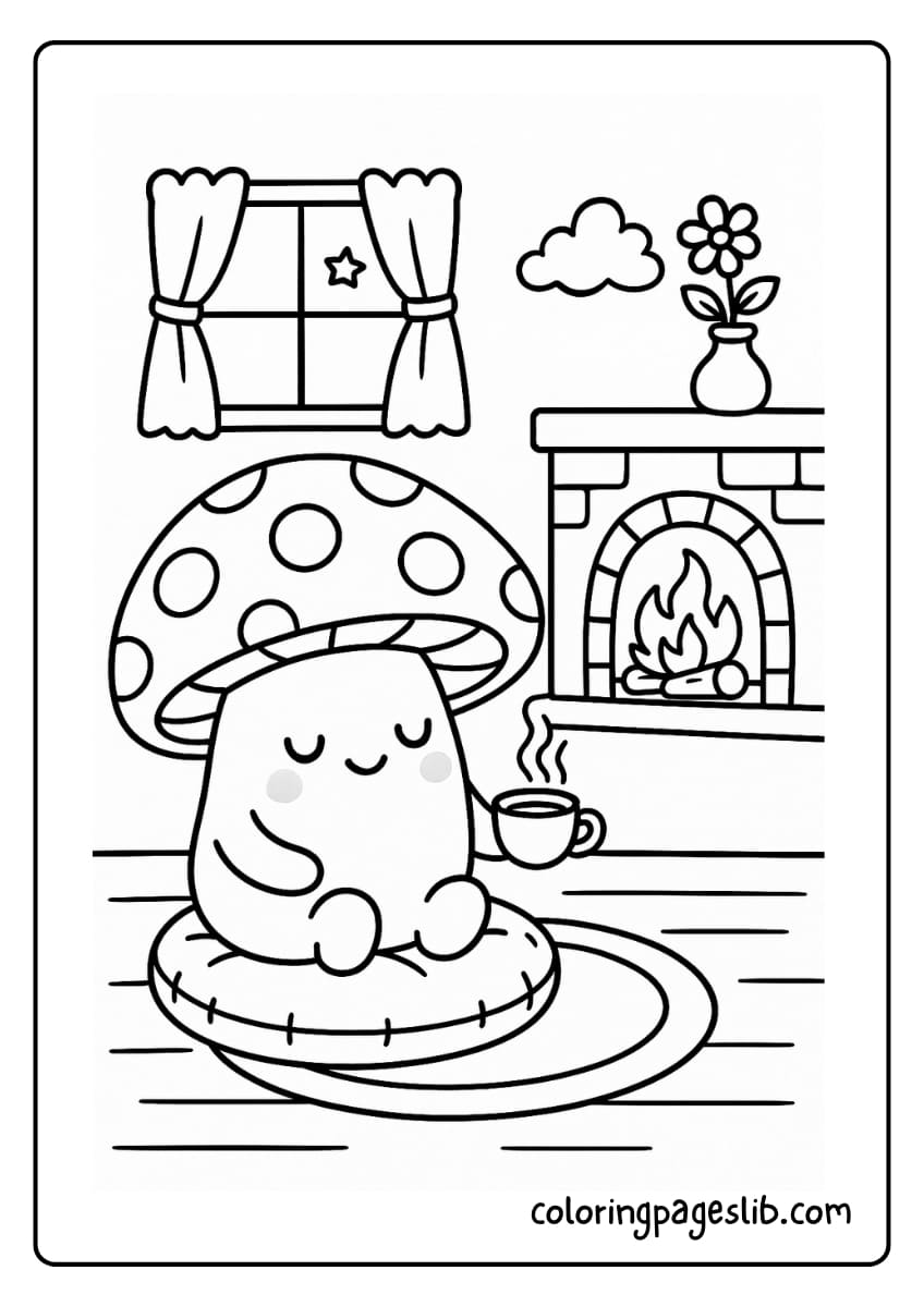 Mushroom sitting by a tiny fireplace with tea