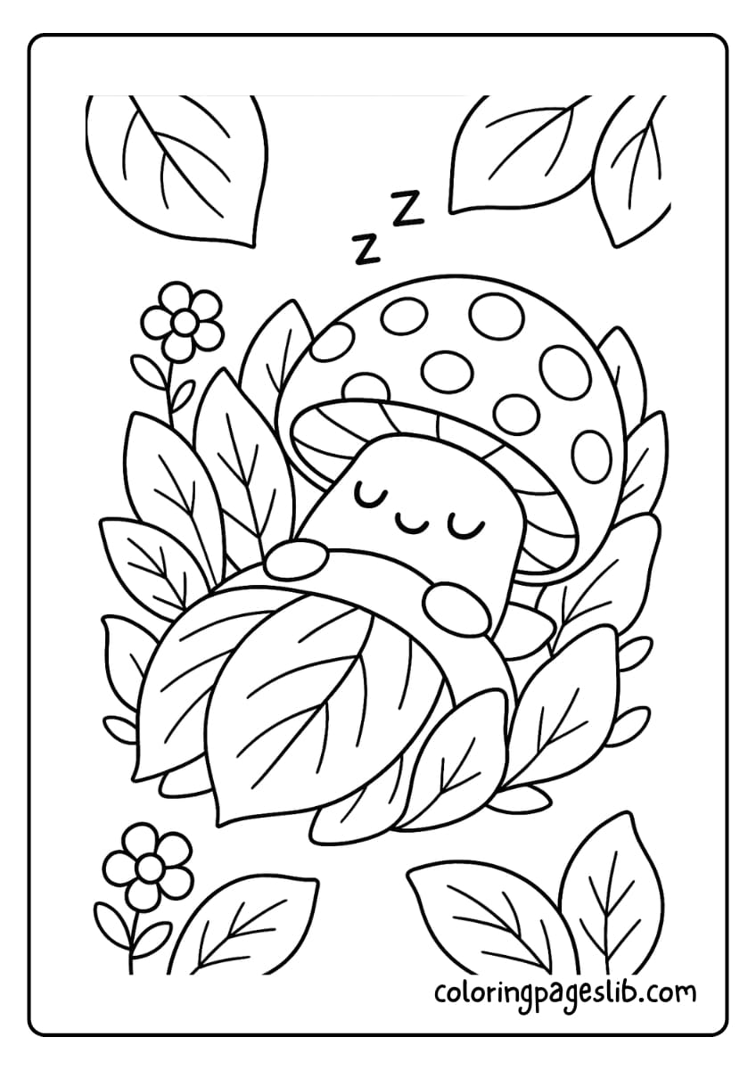 Mushroom sleeping in a bed made of leaves and petals
