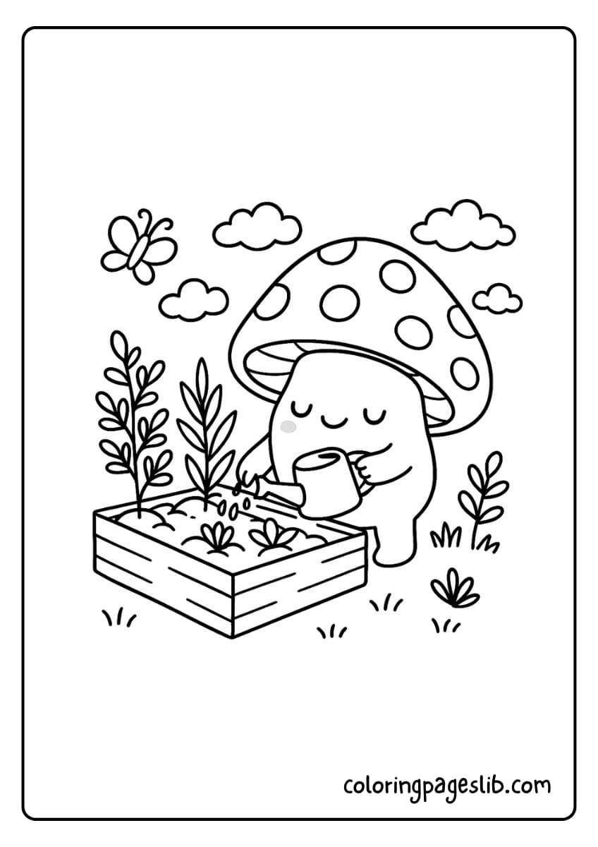Mushroom tending a tiny herb garden