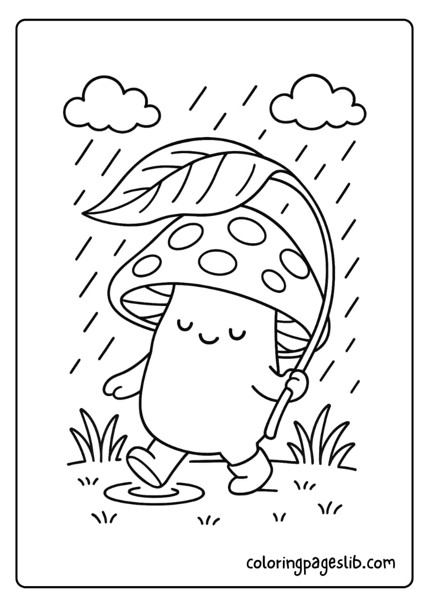 Mushroom walking with a leaf umbrella