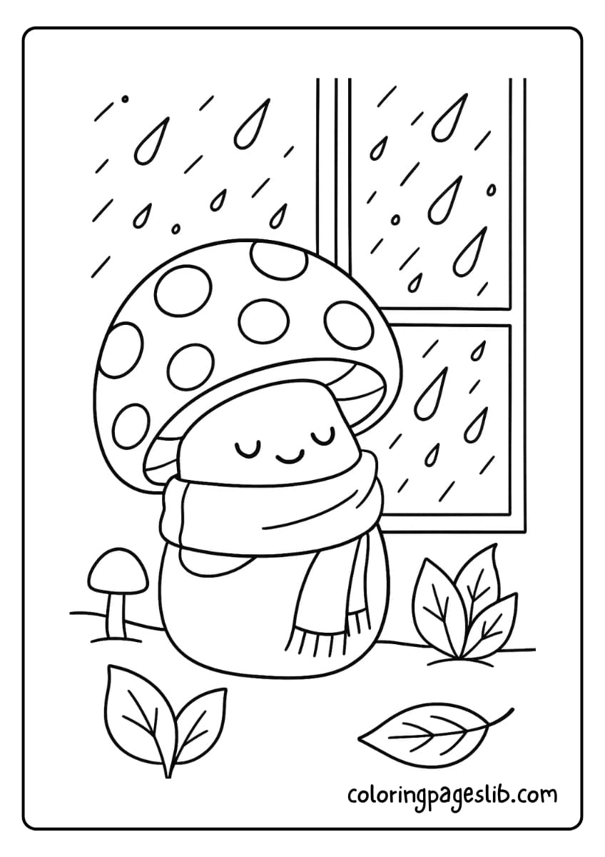 Mushroom wrapped in a scarf watching the rain