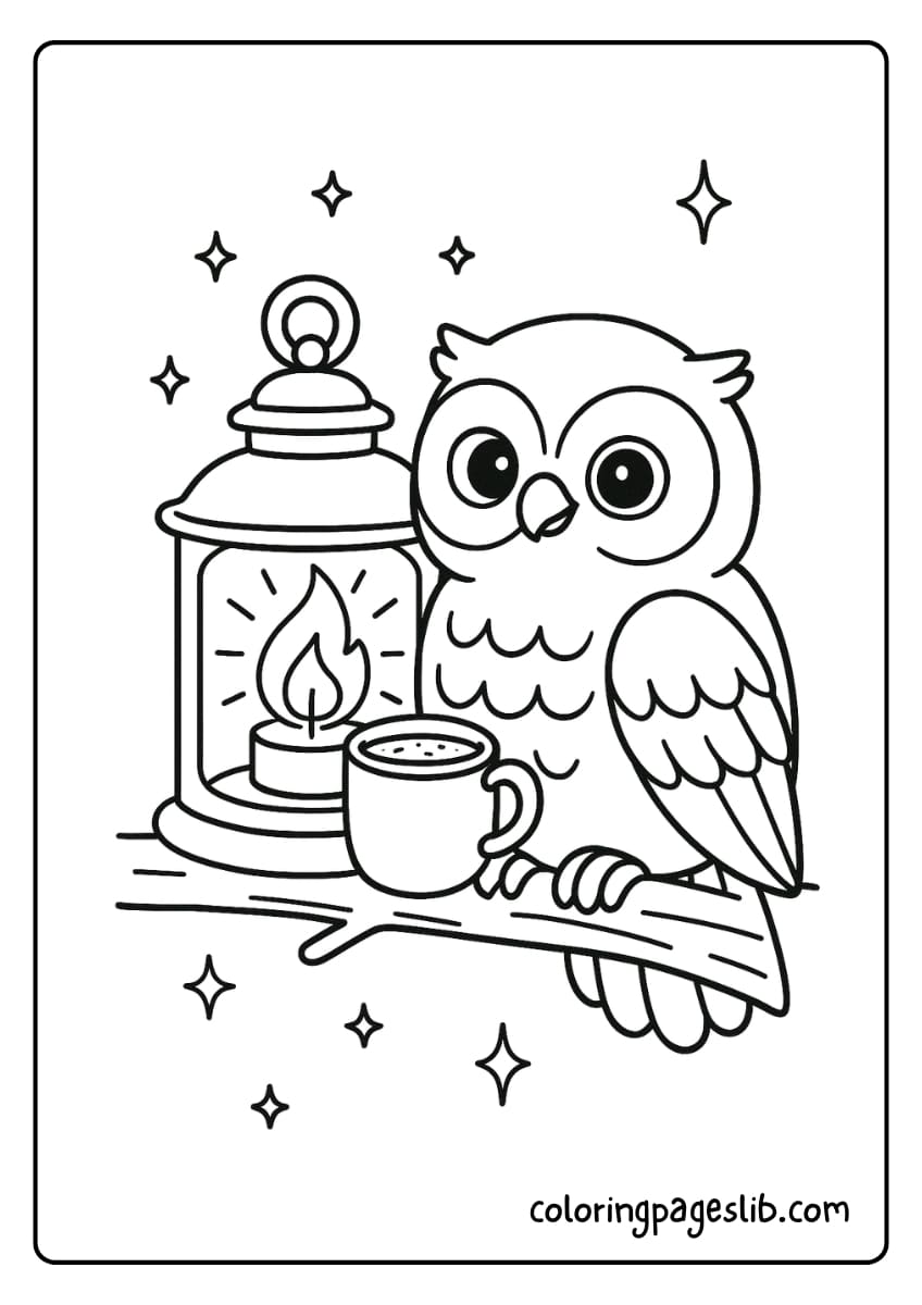 Owl perched beside a glowing lantern
