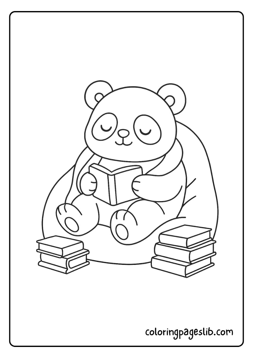 Panda sitting on a beanbag chair with books