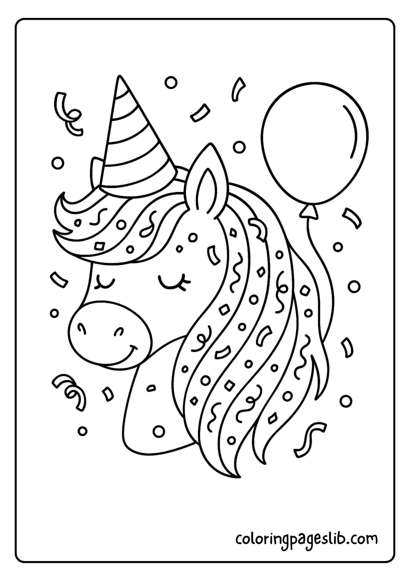 Party unicorn head with a balloon and confetti mane
