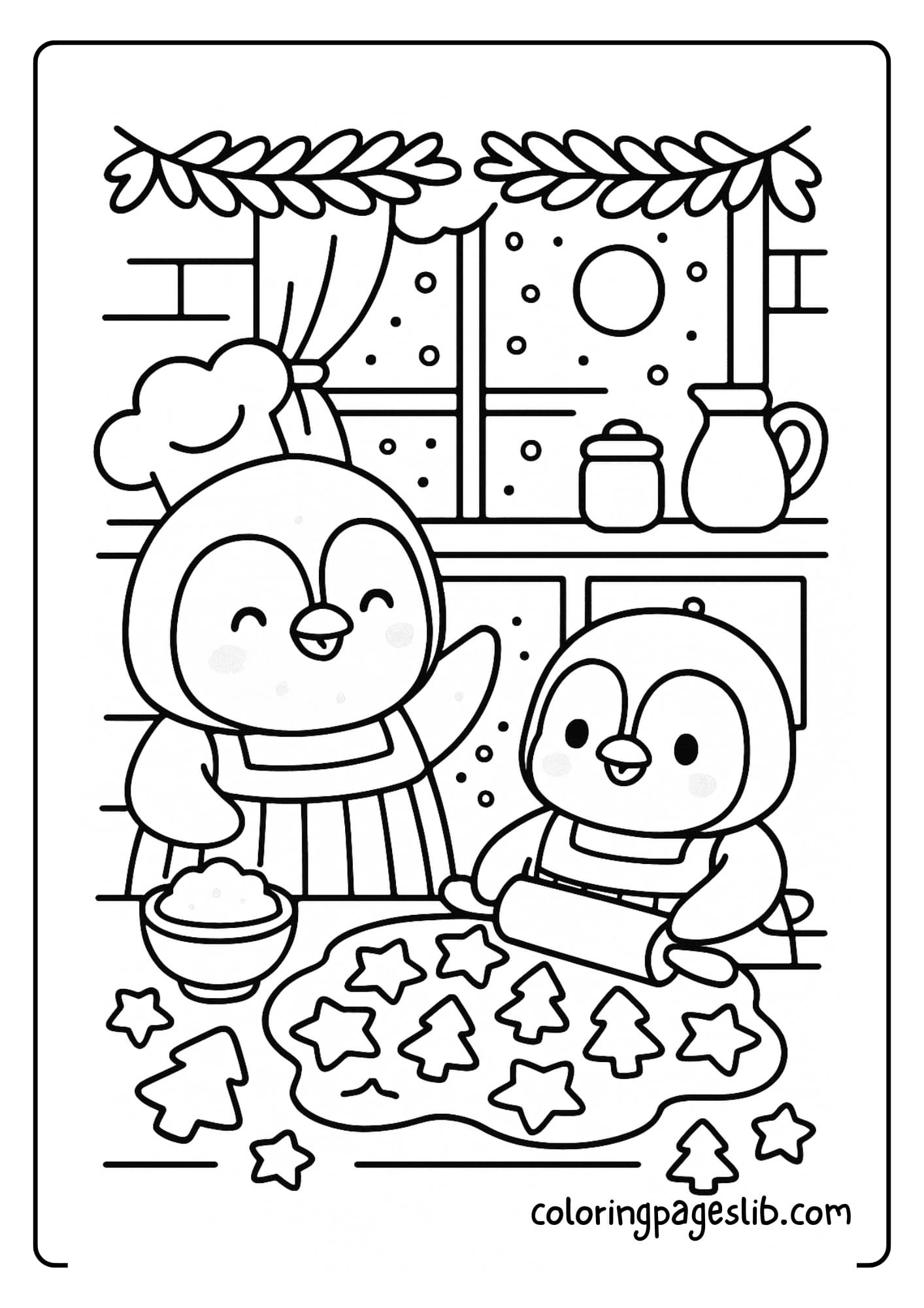 Penguin siblings baking cookies in a warm kitchen