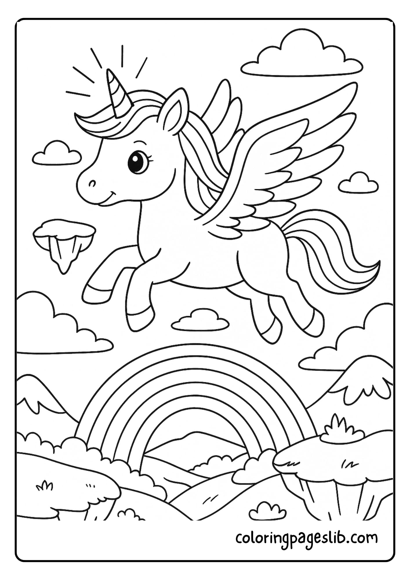 Pretty Unicorn Coloring Pages with Magical Scenes – Flying Unicorn Over a Rainbow Valley
